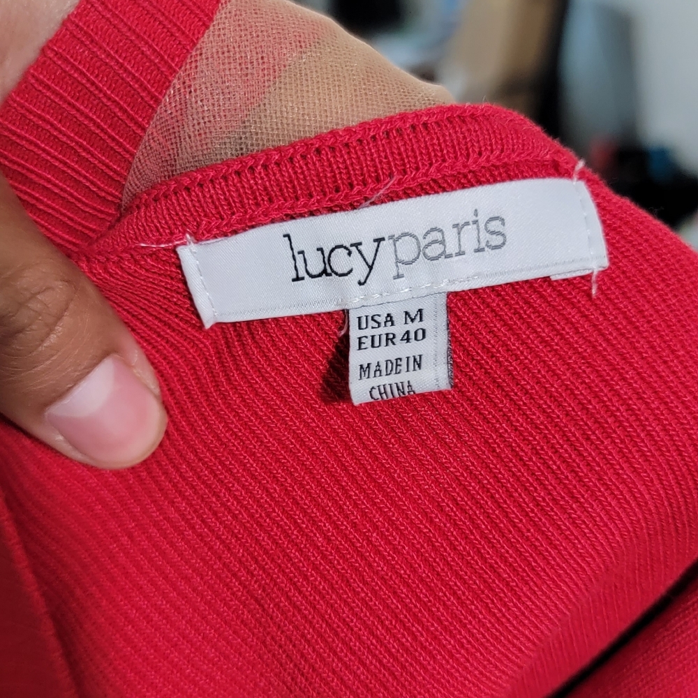 LUCY PARIS CHERRY RED RIBBED ILLUSION NECKLINE TOP MEDIUM 8 10 - Picture 6 of 11